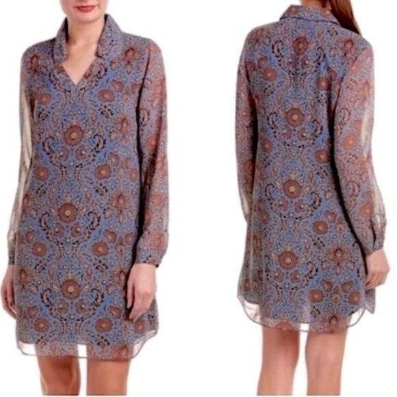 Cabi Provincial Floral Tunic Shirt Dress M Long Sleeve Style 3295 Blue Brown - Picture 2 of 13
